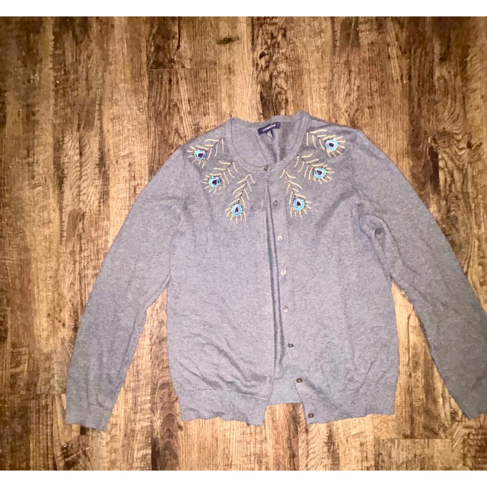 Lands End Gray Peacock Feather Beaded Sequin Cardigan Sweater Womens M 10-12